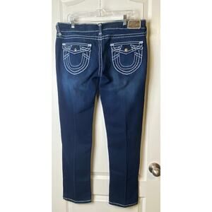 True Religion Bobbie SuperT Dark Blue White Stitch Denim Jeans Women's Size 34"